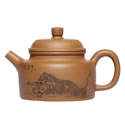 Handmade Kung-Fu Clay Teapot, Teaware Green, Handmade, Carved and Painted, Bullish German Pot, Teaware Green