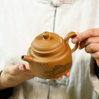 Handmade Kung-Fu Clay Teapot, Teaware Green, Handmade, Carved and Painted, Bullish German Pot, Teaware Green