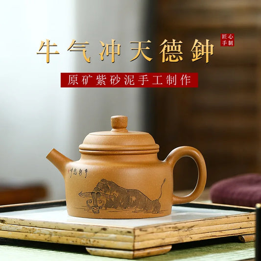 Handmade Kung-Fu Clay Teapot, Teaware Green, Handmade, Carved and Painted, Bullish German Pot, Teaware Green