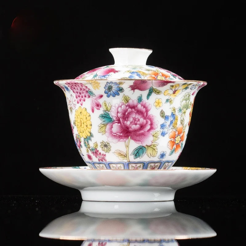 Handmade Kung Fu Gaiwan Ceramic Hand-painted Tea Tureen Tea Set Office Tea Bowl with Saucer Sancai Gai Wan