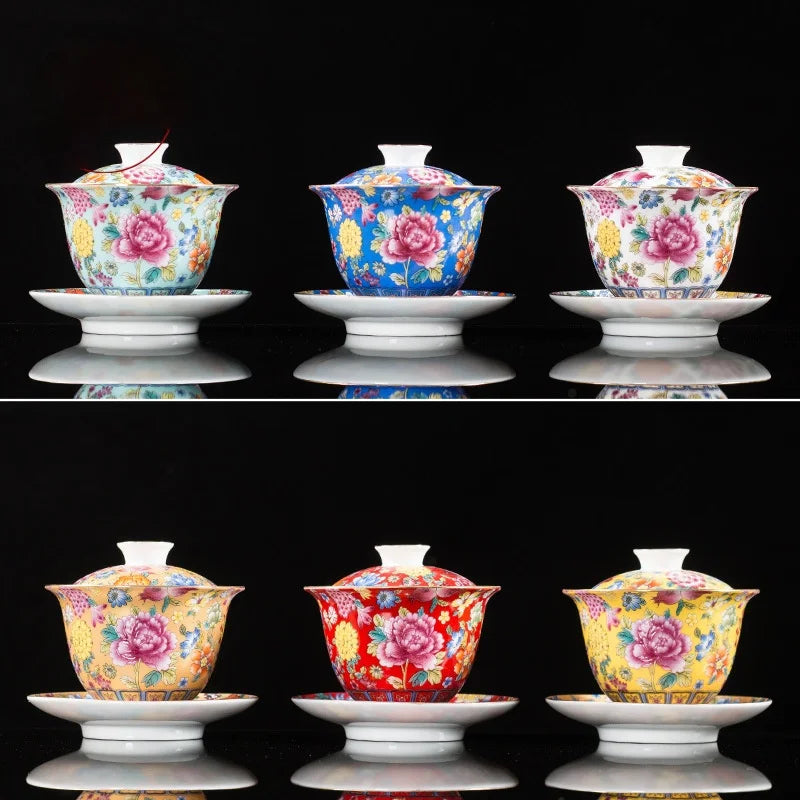 Handmade Kung Fu Gaiwan Ceramic Hand-painted Tea Tureen Tea Set Office Tea Bowl with Saucer Sancai Gai Wan