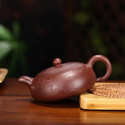 Handmade Kung-Fu Teapot with Plum Fragrant, Purple Clay Drinkware, Half Moon Teapot, Zisha Yixing, Purple Clay, Puer