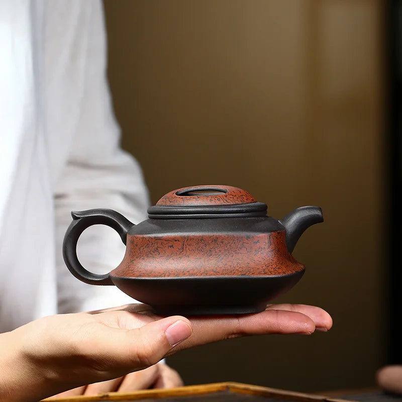 Handmade Kung-Fu Teaware, Cow Cover, Square Pot, Ore Black Clay, Zisha Teapot, Purple Clay, Drinkware for Puer Green and Black