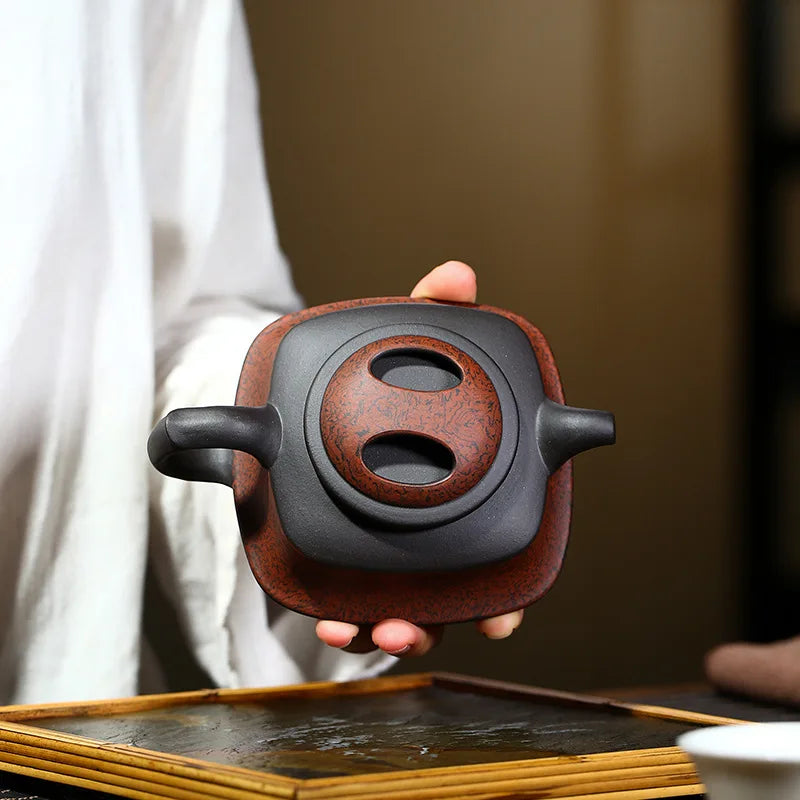 Handmade Kung-Fu Teaware, Cow Cover, Square Pot, Ore Black Clay, Zisha Teapot, Purple Clay, Drinkware for Puer Green and Black