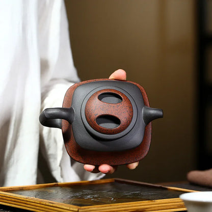 Handmade Kung-Fu Teaware, Cow Cover, Square Pot, Ore Black Clay, Zisha Teapot, Purple Clay, Drinkware for Puer Green and Black