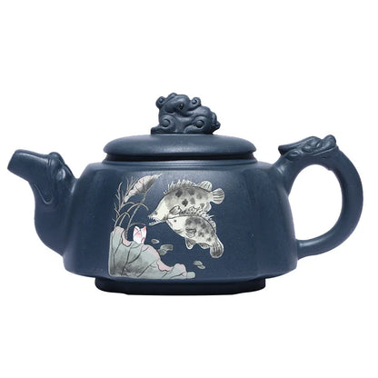 Handmade Kung-Fu Teaware of Purple Clay, Mud Painted Fish,, Zisha Teapot, Yixing Handmade Pot, Purple Clay Drinkware for Puer