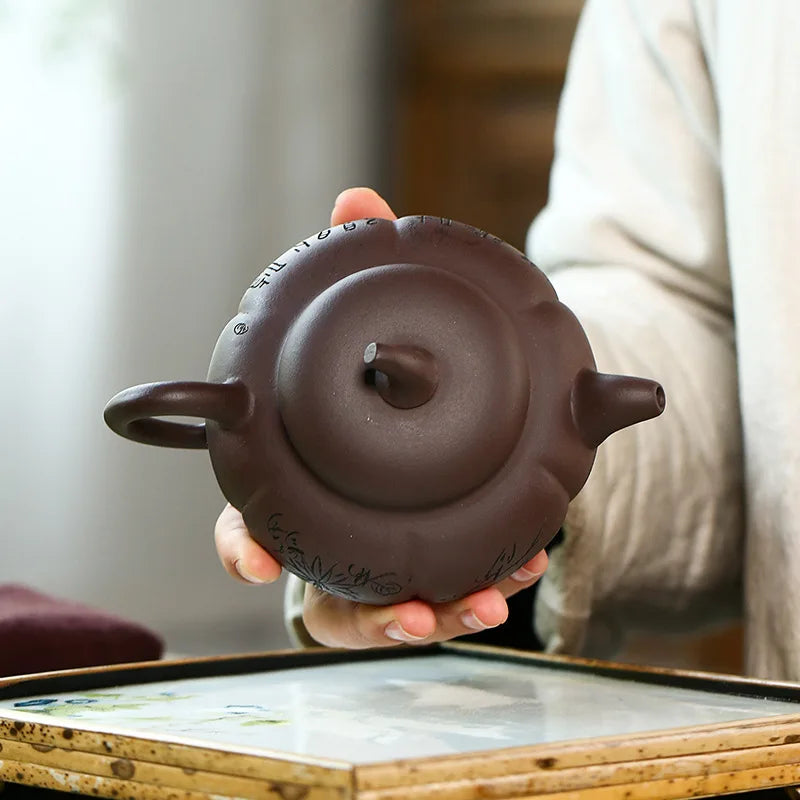 Handmade Kung-Fu Teaware of Purple Clay Painted Pumpkin Pot, Zisha Teapot, Yixing Handmade Pot, Purple Clay Drinkware for Puer G