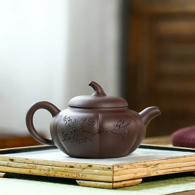 Handmade Kung-Fu Teaware of Purple Clay Painted Pumpkin Pot, Zisha Teapot, Yixing Handmade Pot, Purple Clay Drinkware for Puer G