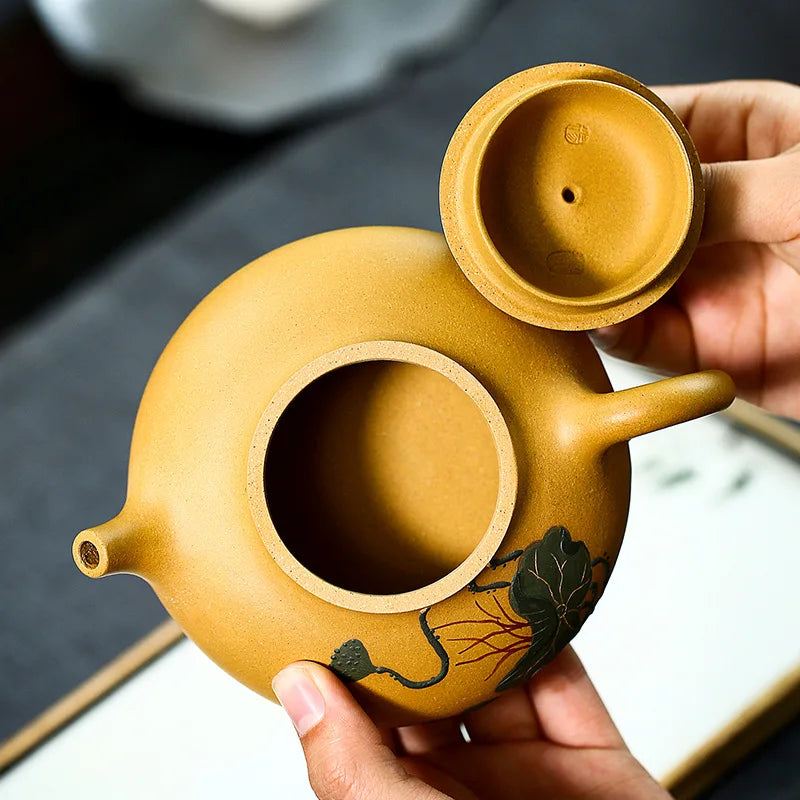 Handmade Lotus Pond Moonlight Teapot, Zisha Teapot, Yixing Handmade Pot, Kung-Fu Teaware, Purple Clay Drinkware for Puer Green