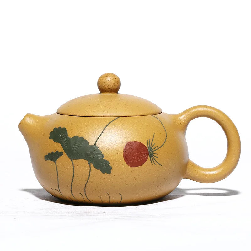 Handmade Mud-painted Lotus Xishi Teapot, Zisha Teapot, Yixing Handmade Pot, Kung-Fu Teaware, Purple Clay, Drinkware for Puer
