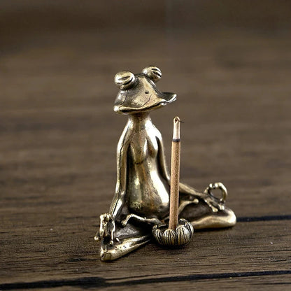 Handmade New Brass Frog Copper Incense Stick Holder with Lotus Leaf Ash Catcher Meditation Home Office Desktop Small Decoration