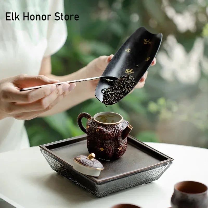 Handmade Old Iron Big Lacquer Tea Scoop Antique Gold Chahe Shovel Japanese  Awakening Tea Ladle Kung Fu Tea Services Collection