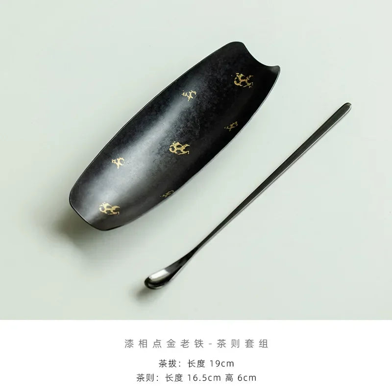 Handmade Old Iron Big Lacquer Tea Scoop Antique Gold Chahe Shovel Japanese  Awakening Tea Ladle Kung Fu Tea Services Collection