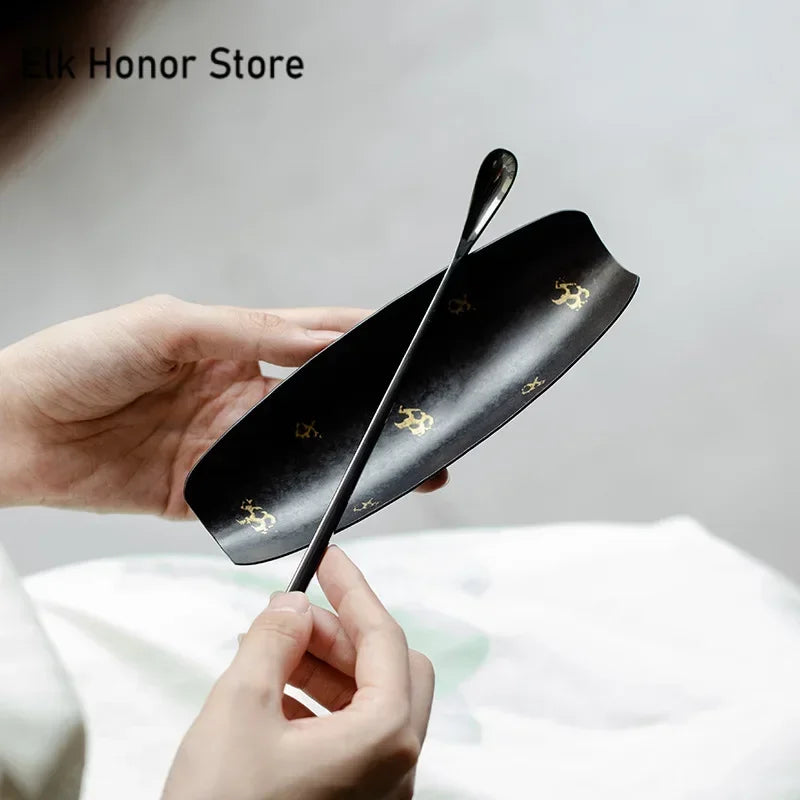 Handmade Old Iron Big Lacquer Tea Scoop Antique Gold Chahe Shovel Japanese  Awakening Tea Ladle Kung Fu Tea Services Collection