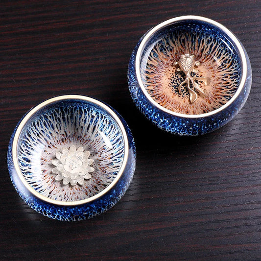 Handmade Porcelain Tea Cup Pure Silver Flower Fish Dragon Toad Pheonix Statue Health Care 50ml for Pu'erh TieGuanYin On Sales