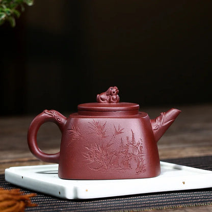 Handmade Purple Clay Square Auspicious Teapot, Zisha Teapot, Handmade Pot, Kung-Fu Teaware, Purple Clay Drinkware for Puer Green
