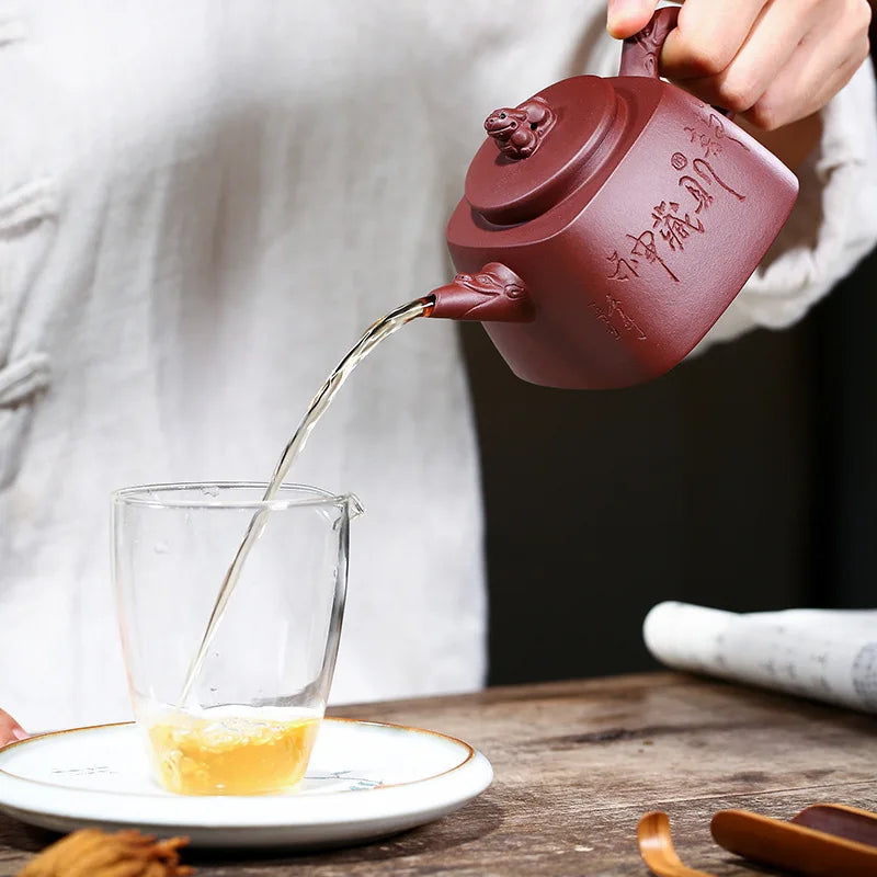 Handmade Purple Clay Square Auspicious Teapot, Zisha Teapot, Handmade Pot, Kung-Fu Teaware, Purple Clay Drinkware for Puer Green