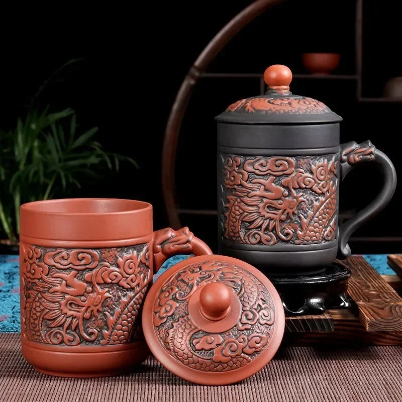 Handmade Purple Clay Teacup with Lid Yixing Purple Grid Tea Cups Chinese Zisha Kung Fu Tea Mug Office Drop Shipping  Tea Cups