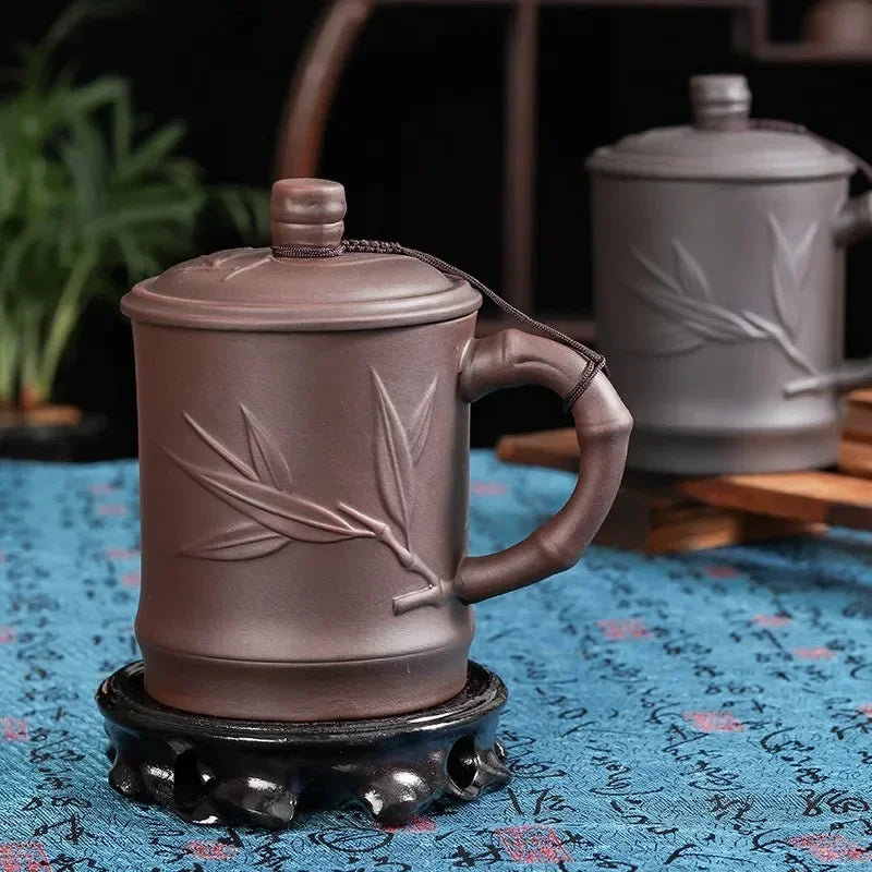 Handmade Purple Clay Teacup with Lid Yixing Purple Grid Tea Cups Chinese Zisha Kung Fu Tea Mug Office Drop Shipping  Tea Cups