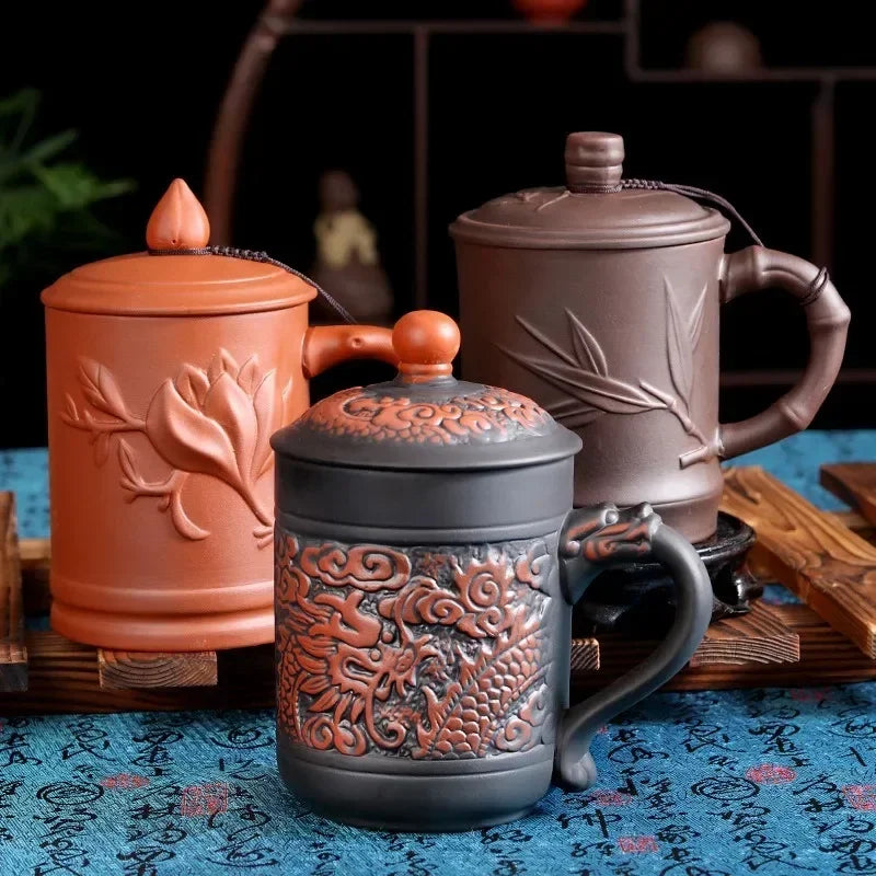 Handmade Purple Clay Teacup with Lid Yixing Purple Grid Tea Cups Chinese Zisha Kung Fu Tea Mug Office Drop Shipping  Tea Cups