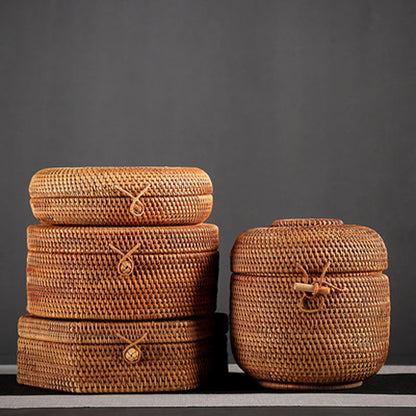 Handmade Rattan Tea Box with Lid, Tea Bag, Storage Organizer, Breathable, Lightproof, Dust-proof, Natural for Puer Tea