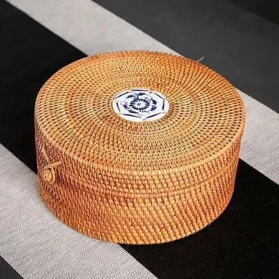 Handmade Rattan Tea Box with Lid, Tea Bag, Storage Organizer, Breathable, Lightproof, Dust-proof, Natural for Puer Tea