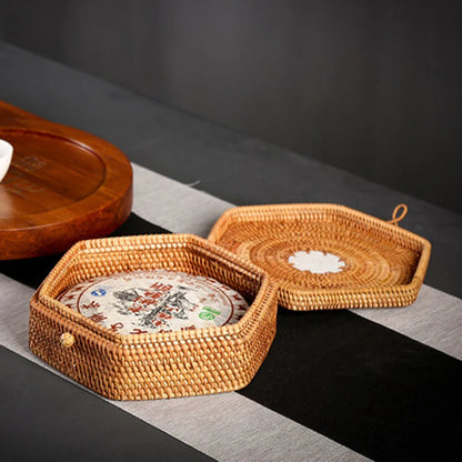 Handmade Rattan Tea Box with Lid, Tea Bag, Storage Organizer, Breathable, Lightproof, Dust-proof, Natural for Puer Tea