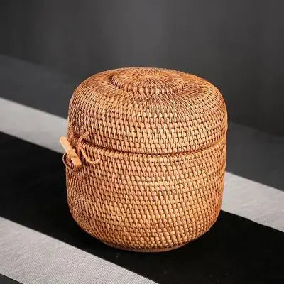 Handmade Rattan Tea Box with Lid, Tea Bag, Storage Organizer, Breathable, Lightproof, Dust-proof, Natural for Puer Tea