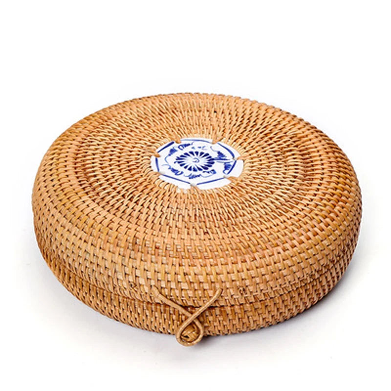 Handmade Rattan Tea Box with Lid, Tea Bag, Storage Organizer, Breathable, Lightproof, Dust-proof, Natural for Puer Tea