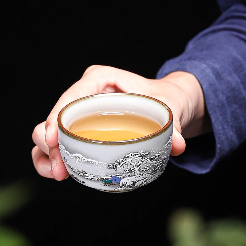 Handmade Ru Kiln Tea Cup, Single Cup, Master Cup, Can Raise Open Piece, Kungfu Tea Cup, Household, Large Tea Bowl, 2Pcs Pack