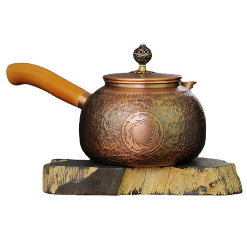 Handmade Side Handle Small Pot Hammer Pattern Carved Pot Antique Hammer Pattern Japanese Copper Teapot Solid Wood Handle Kettle