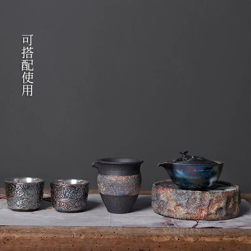 Handmade Silver Gilded Aquarius Pot Tureen Single Stoneware Gaiwan Porcelain Kung Fu Tea Set Tea Brewing Bowl Pot Retro