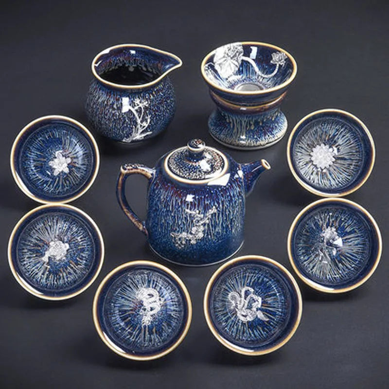 Handmade Silver Inlaid Star Teapot Set, Blue Drawing to build Tea Cup, Household