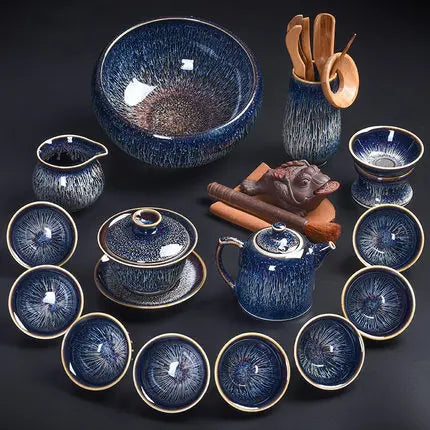 Handmade Silver Inlaid Star Teapot Set, Blue Drawing to build Tea Cup, Household