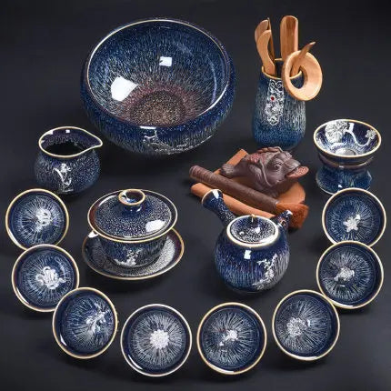 Handmade Silver Inlaid Star Teapot Set, Blue Drawing to build Tea Cup, Household