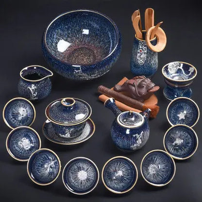 Handmade Silver Inlaid Star Teapot Set, Blue Drawing to build Tea Cup, Household