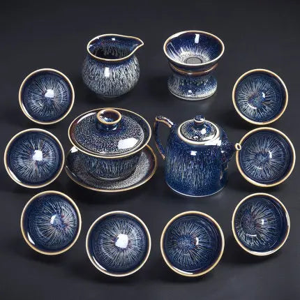Handmade Silver Inlaid Star Teapot Set, Blue Drawing to build Tea Cup, Household