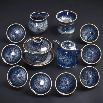 Handmade Silver Inlaid Star Teapot Set, Blue Drawing to build Tea Cup, Household