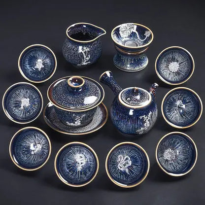 Handmade Silver Inlaid Star Teapot Set, Blue Drawing to build Tea Cup, Household