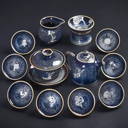 Handmade Silver Inlaid Star Teapot Set, Blue Drawing to build Tea Cup, Household
