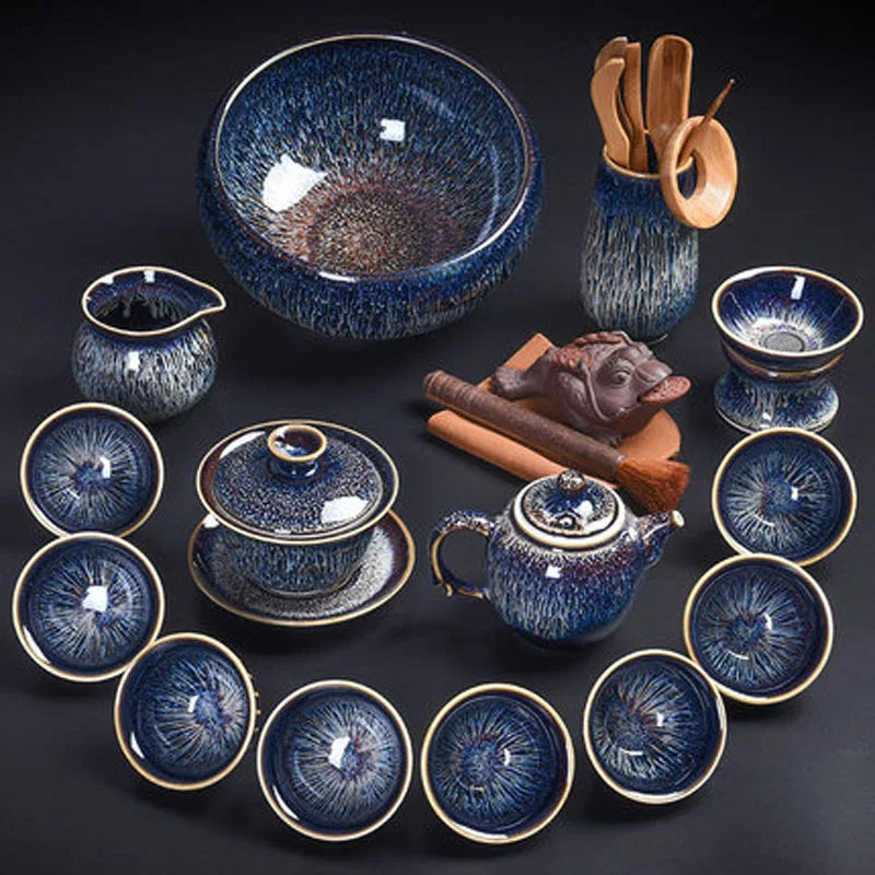 Handmade Silver Inlaid Star Teapot Set, Blue Drawing to build Tea Cup, Household
