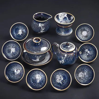 Handmade Silver Inlaid Star Teapot Set, Blue Drawing to build Tea Cup, Household