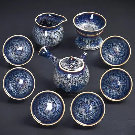 Handmade Silver Inlaid Star Teapot Set, Blue Drawing to build Tea Cup, Household