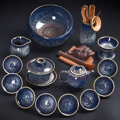 Handmade Silver Inlaid Star Teapot Set, Blue Drawing to build Tea Cup, Household