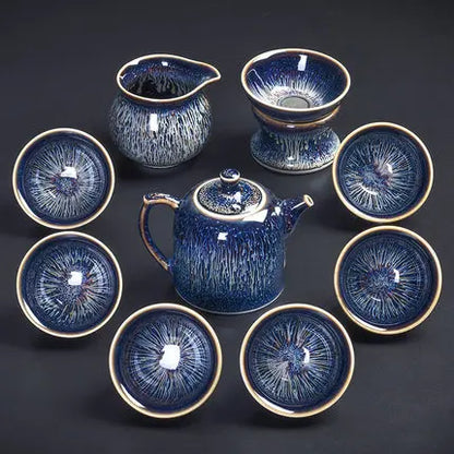 Handmade Silver Inlaid Star Teapot Set, Blue Drawing to build Tea Cup, Household
