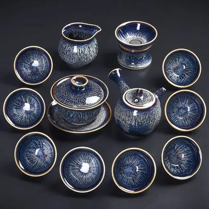 Handmade Silver Inlaid Star Teapot Set, Blue Drawing to build Tea Cup, Household