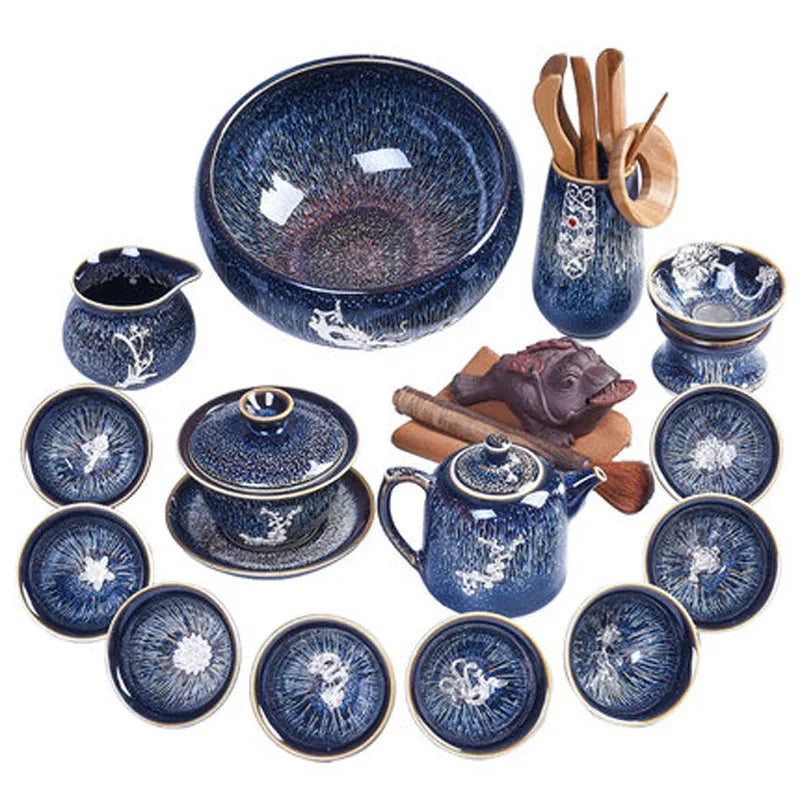 Handmade Silver Inlaid Star Teapot Set, Blue Drawing to build Tea Cup, Household