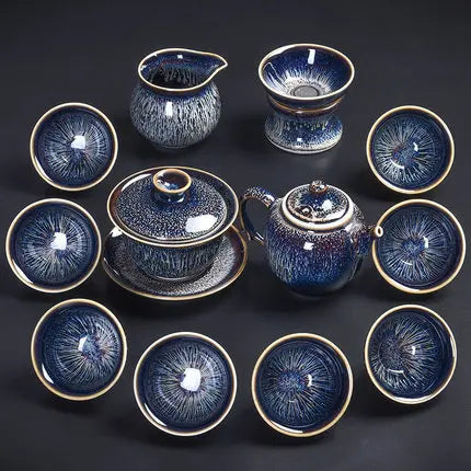 Handmade Silver Inlaid Star Teapot Set, Blue Drawing to build Tea Cup, Household