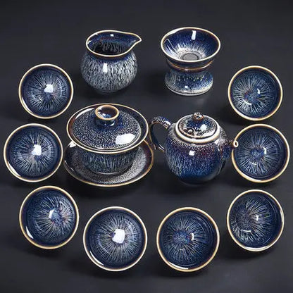 Handmade Silver Inlaid Star Teapot Set, Blue Drawing to build Tea Cup, Household