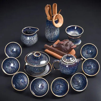 Handmade Silver Inlaid Star Teapot Set, Blue Drawing to build Tea Cup, Household